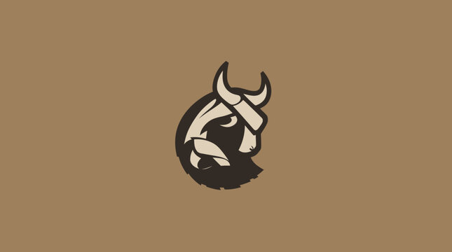 Stylized bull head logo on tan background.