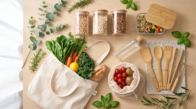 Eco-friendly lifestyle flat lay with fresh vegetables. Zero waste grocery shopping concept.