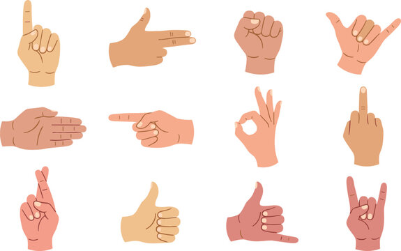 Hand gestures collection with various human skin tones showing counting thumbs up pointing middle finger fist okay sign flat vector illustration isolated on white