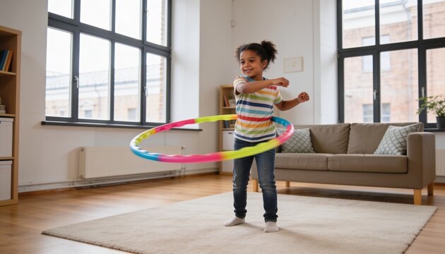 Playing girl in striped t-shirt and jeans spinning multicolored hula hoop in living room on rug
