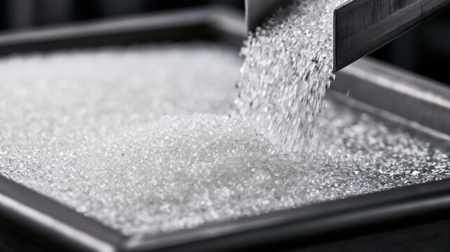Granulated particles fall from a spout onto a large white heap. Manufacturing background for bulk supply.