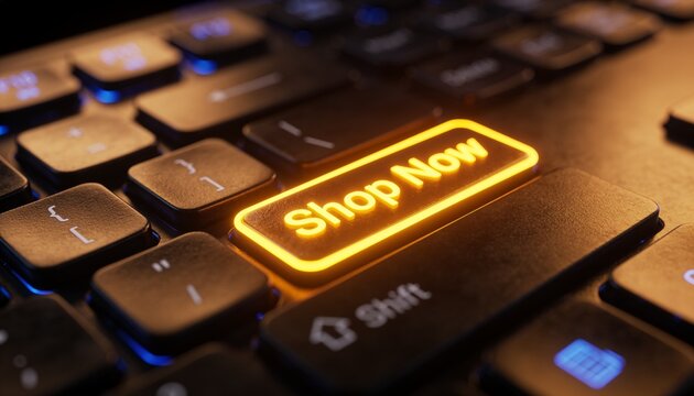 Glowing Shop Now keycap replacing key on black mechanical keyboard at desk, with blue LEDs