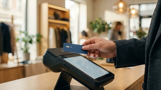 Customer using contactless card payment terminal for transaction in modern boutique clothing retail