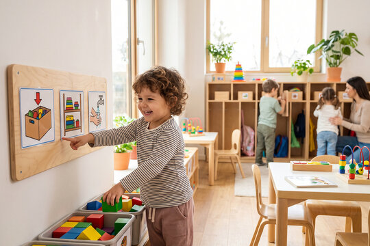 Child Using Classroom Visual Routine Board for Independent Learning