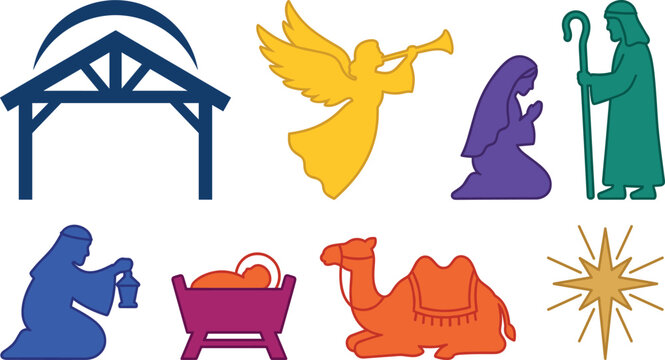 Holy nativity scene flat silhouette icons set vector illustration featuring christmas stable angel shepherd and camel