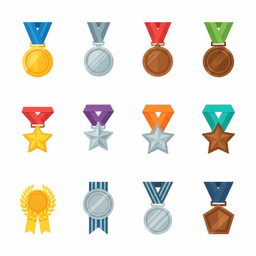 Assorted award medals set displaying various shapes and ribbons for athletic competitions or business achievement recognition projects featuring colorful designs representing first second and