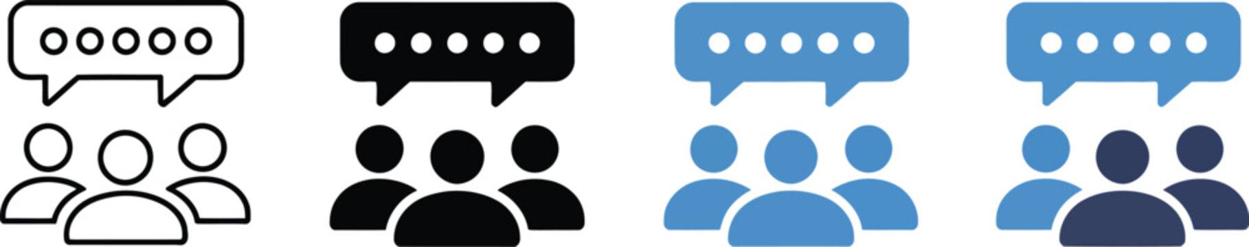 Group Discussion Icon Set featuring people speaking symbols, team conversation, meeting communication, feedback exchange, teamwork, community interaction, and editable vector interface designs.