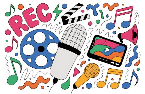 Vibrant Doodle Illustration of Podcast and Video Production Equipment with Microphones Film Reel and Music Notes
