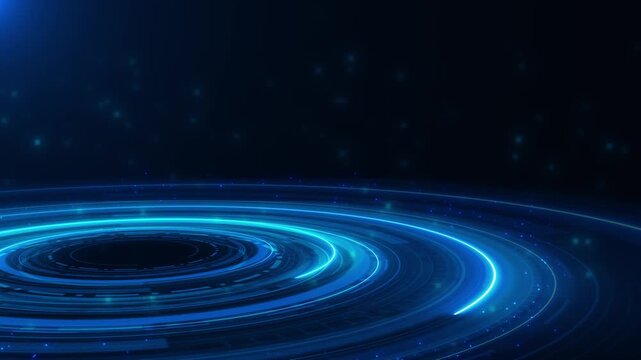 Futuristic blue ring stage visual with luminous circular layers, soft particle haze, and dark space for titles. Perfect for product displays, virtual sets, AI intros, tech promos, and motion graphics.