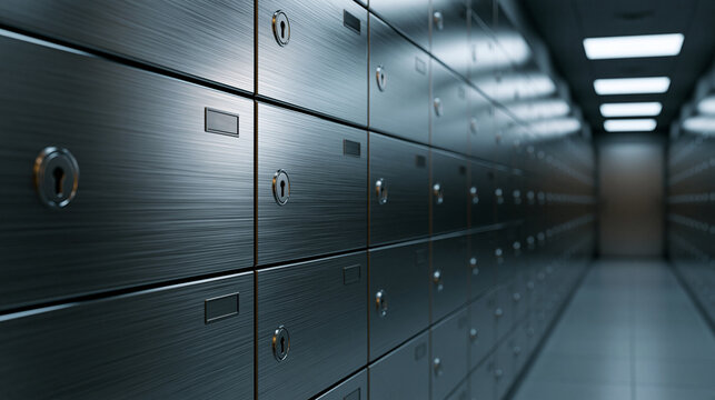 Rows of metal safety deposit boxes in a secure vault. Privacy and banking concept for financial services.