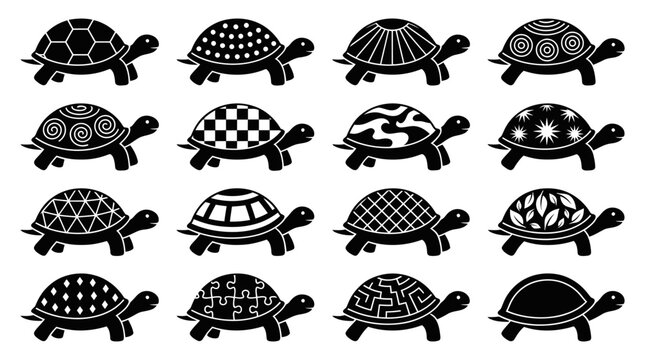 Turtle silhouette icons with diverse artistic shell pattern designs.