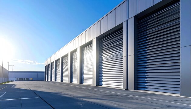 Modern Storage Unit Facility with Roller Doors Under Bright Sunlight.