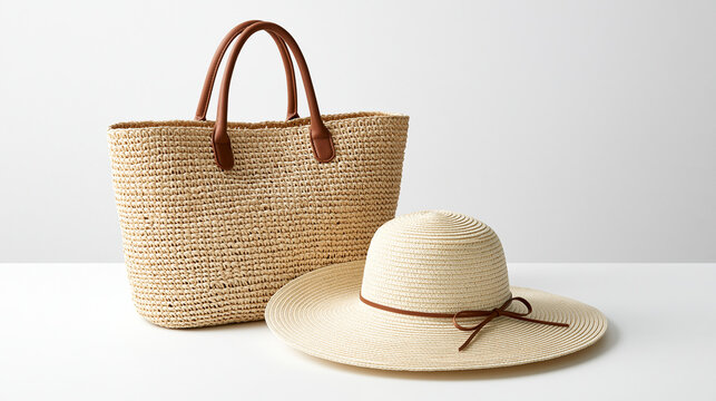 Straw tote bag and sun hat isolated on white background. Perfect for summer travel and beach fashion concepts.