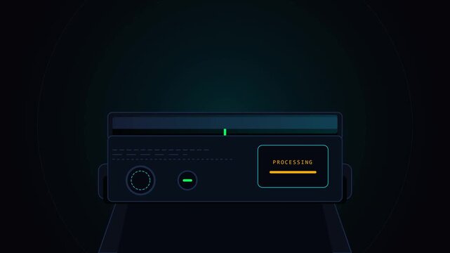 Credit card flipping and swiping through a neon cyber reader terminal