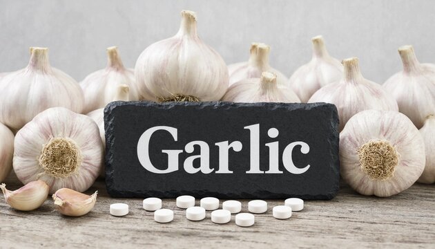 Fresh organic garlic bulbs and herbal tablets on a rustic wooden table