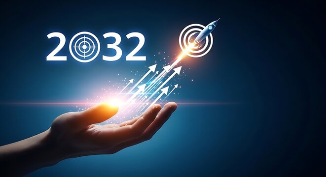 Hand holding glowing rocket launch towards 2032 target for business growth and future vision
