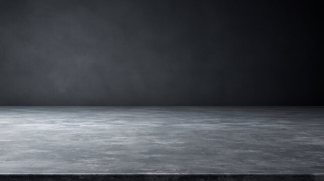 Empty dark studio room with textured concrete floor and smoky wall. Ideal for product presentation and display.