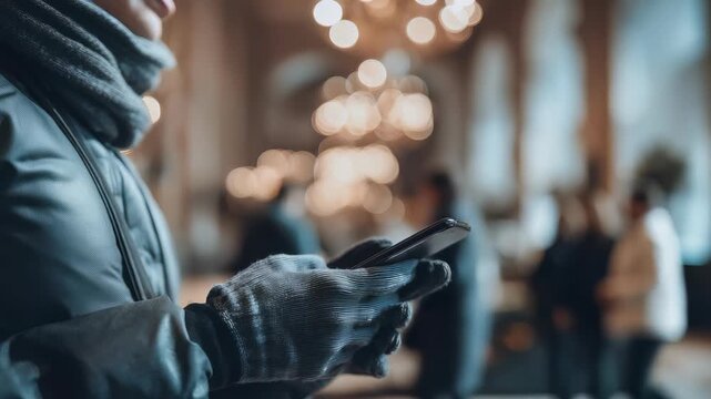 Close up of gloved hands holding a mobile phone, capturing the essence of digital connectivity during colder seasons. The blurred background creates a festive, urban atmosphere indoors