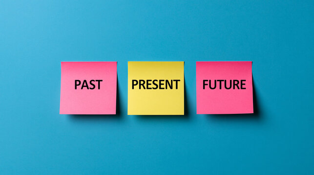 Past present future text on colorful sticky notes over blue background. Concept for time management and planning.