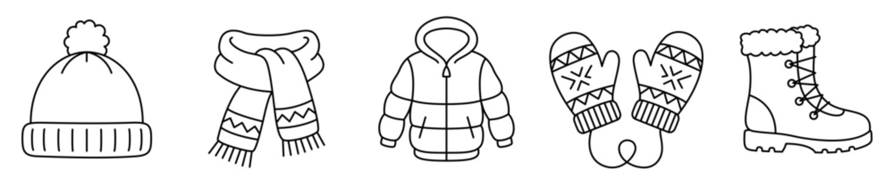 Winter clothes line icon set for cold weather apparel. Vector illustration.
