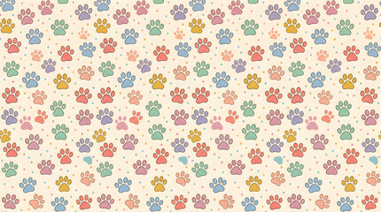 Obraz premium Seamless pattern with colorful animal paw prints and small squares