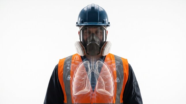 Industrial worker wearing a safety mask with transparent anatomical lungs graphic overlaid on orange vest