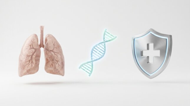 Anatomical human lungs, glowing DNA strand, and metallic medical shield concept representing healthcare, genetics, and respiratory protection on a clean white background