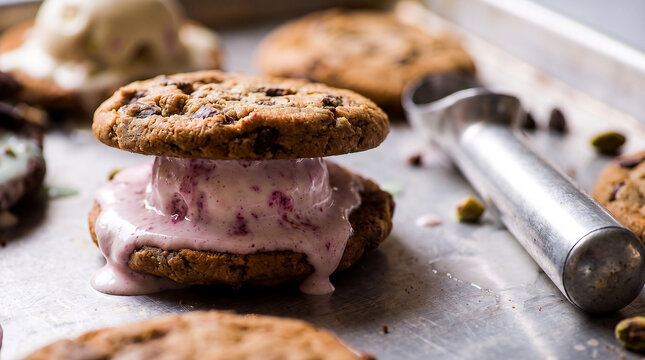 Celebrate National Ice Cream Sandwich Day with delicious homemade chocolate chip cookies and melting berry ice cream on a baking sheet