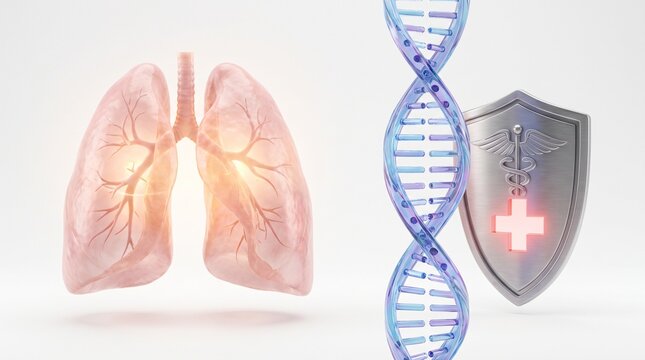 Human Lungs DNA Helix and Protective Medical Shield Representing Genetic Health Research and Respiratory Disease Prevention