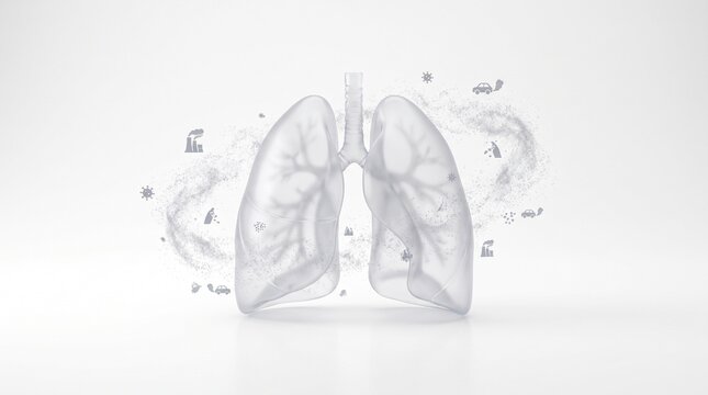 Conceptual 3D Illustration of Human Lungs Surrounded by Floating Airborne Particles Depicting Respiratory Health and Air Quality Environment