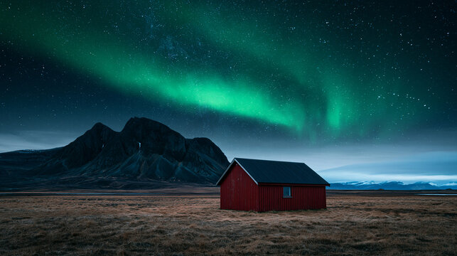 Lonely red hut beneath a vibrant green aurora borealis sky. Perfect for wilderness and tranquility concepts.