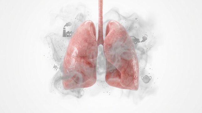 3D Illustration of Human Lungs Surrounded by Smoke and Airborne Particles Representing Air Pollution and Respiratory Health