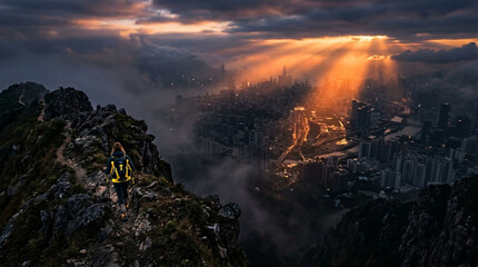 Fototapeta premium Solo Adventurous Hiker Trekking on a Rugged Mountain Peak Overlooking a Dramatic Cityscape at Sunrise