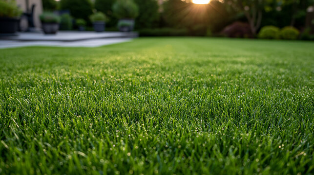 Lush green lawn with morning dew at sunrise. Ideal for landscaping and yard care advertisements.