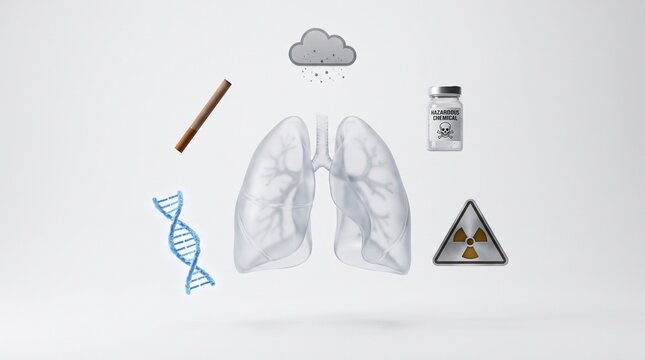 Medical illustration showing human lungs surrounded by icons of health risks including cigarette smoking and radiation exposure