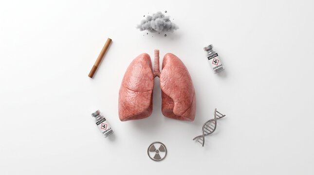 Human lungs surrounded by health hazards including smoking pollution and radiation representing respiratory cancer risks and medical diagnosis concepts