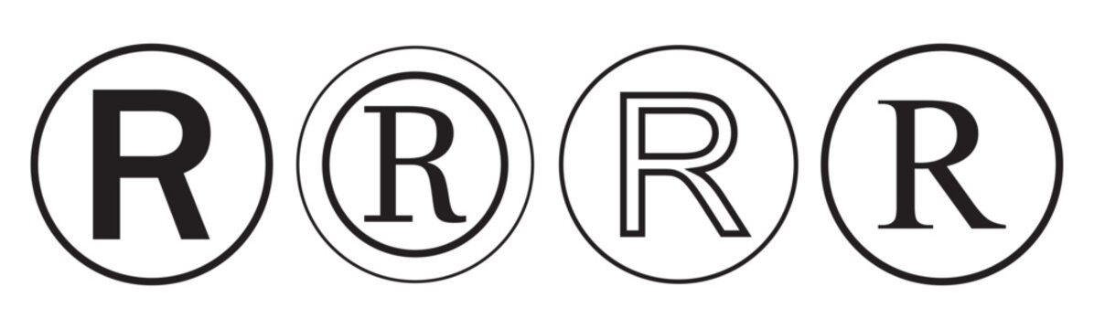 Vector set of letter R icons in circular frames, featuring four black and white line art variations for registered trademark or monogram branding.