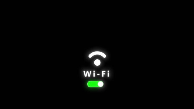 Wireless network switch visual bright Wi Fi text, green active button, soft glow, and black negative space. app UI videos, connection guides, internet service promos, device settings, motion graphics.