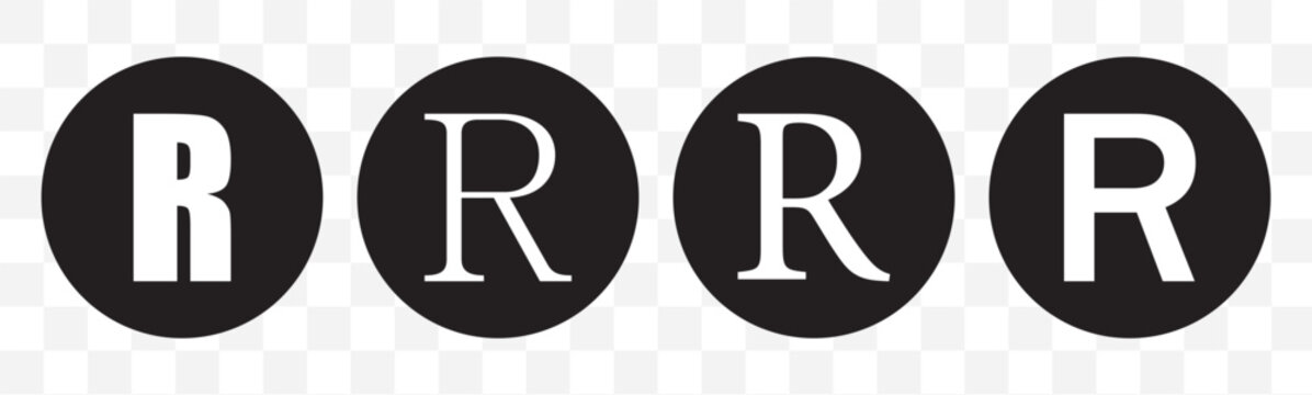 Vector set of white letter R icons in black circles &Transparent Background featuring four creative typography font style variations for monogram logo design.