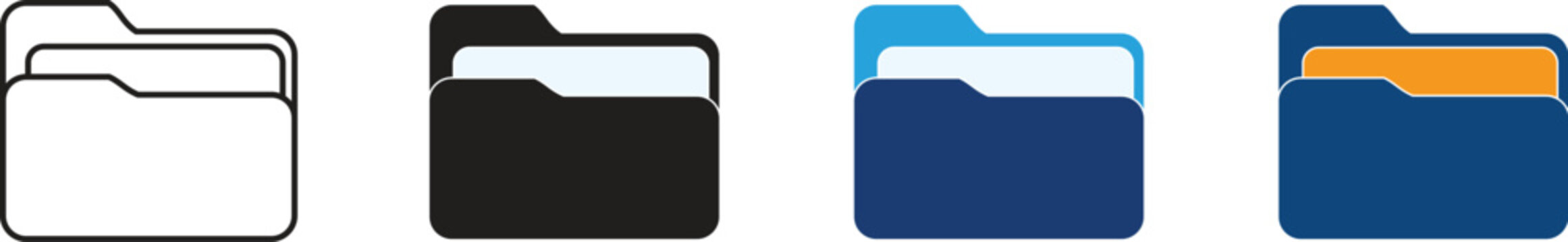 Different folder icon set. Opened and closed folders collection. Flat open folder icon set for paper design outline and solid style, vector illustration on transparent 