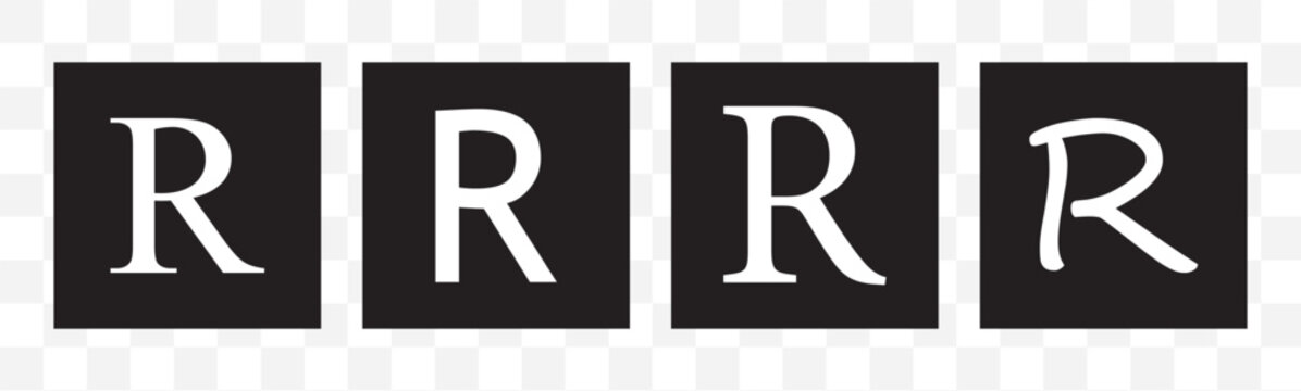 Vector set of white letter R icons in black circles, featuring four creative typography font style variations for monogram logo design.