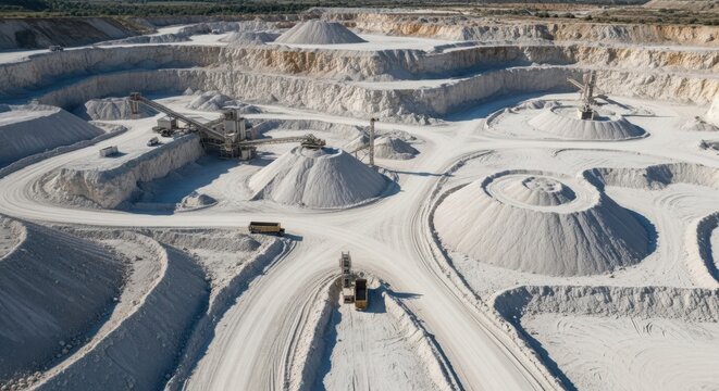 Expansive limestone quarry operation with heavy machinery and abundant material piles under bright daylight.