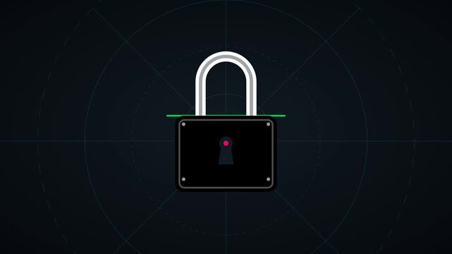 Cyber padlock unlocking and exploding into binary data network