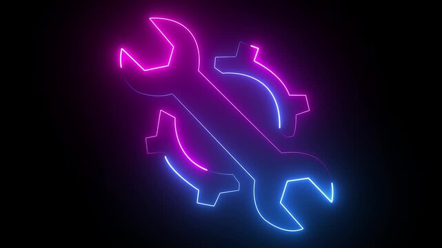 neon line settings icon animation. with gear and wrench on black background. Glowing neon line wrench and gear icon, mechanical Repair tools concept logotype icon. Abstract neon gear and wrench icon.