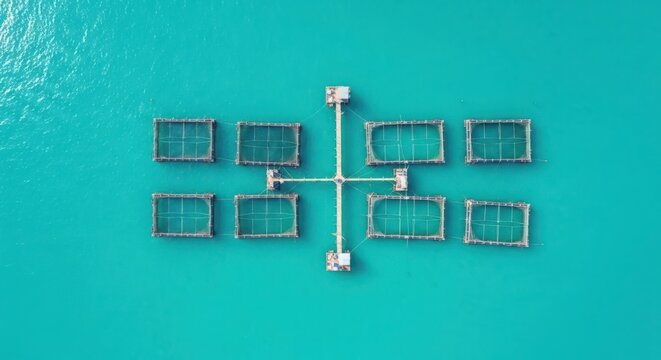 Expansive offshore aquaculture farm, a sprawling network of fish cages in the ocean, showcasing modern marine food production.