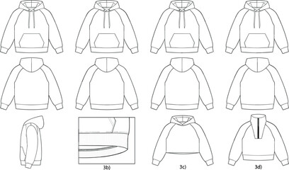 Fashion Technical Flat Sketch Vector Set Featuring Raglan Sleeve Hoodie Sweatshirt Collection with Front Pocket Back Side and Crop Top Views Template © ``Mark Carney``