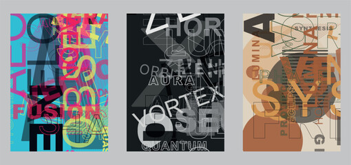 Obraz premium Abstract Typographic Poster Set with Artistic Lettering Overlays and Geometric Graphic Design Elements for Modern Visual Identity