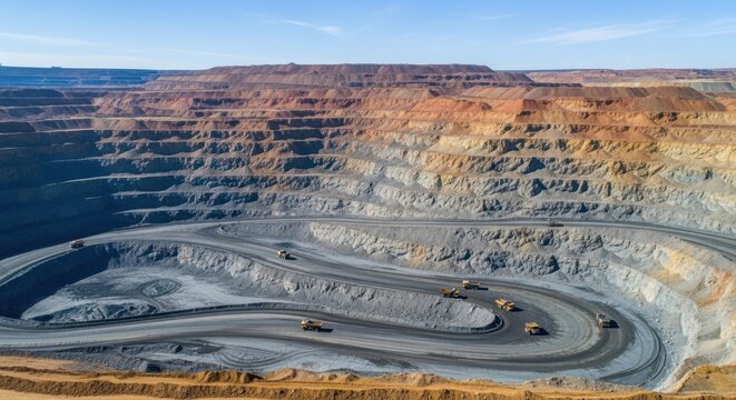Expansive Open Pit Mine With Trucks Hauling Ore Across Terraced Layers Under Blue Sky