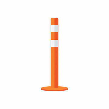 Bright orange flexible delineator post with reflective white stripes used for road safety management and traffic lane guidance in construction zones to prevent vehicle collisions on public
