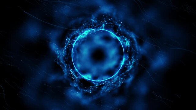 Cyan digital vortex circle visual luminous nodes, mesh links, particles, deep blue cloud texture. 19 openers, science, abstract portals, data motion, network screens, future titles, futuristic